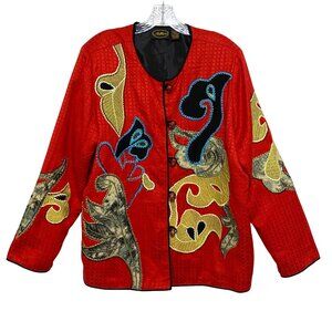 Vintage Allure Womens Oriental Style Jacket L Red Art to Wear Asian Bold Color
